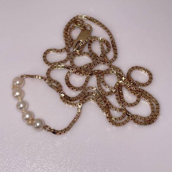 Solid 14K Italy Vintage Modern 5 Pearls Necklace Box Link Chain Lobster Clasp - Picture 10 of 14
